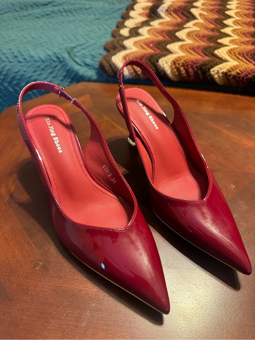 Patent Slingback Pointed Pumps in Burgundy